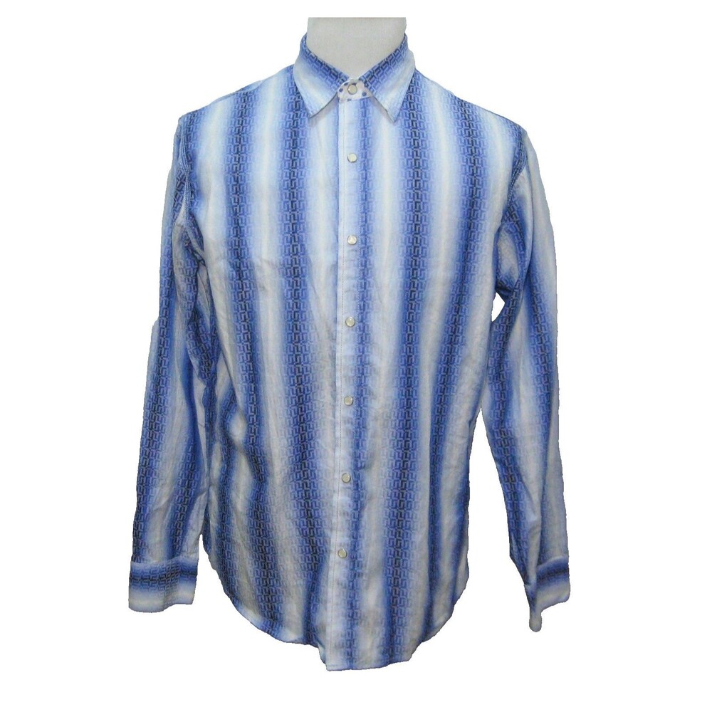 Age of Wisdom Mens Large Blue Striped Pearl Snap Western Shirt 100% Cotton Top